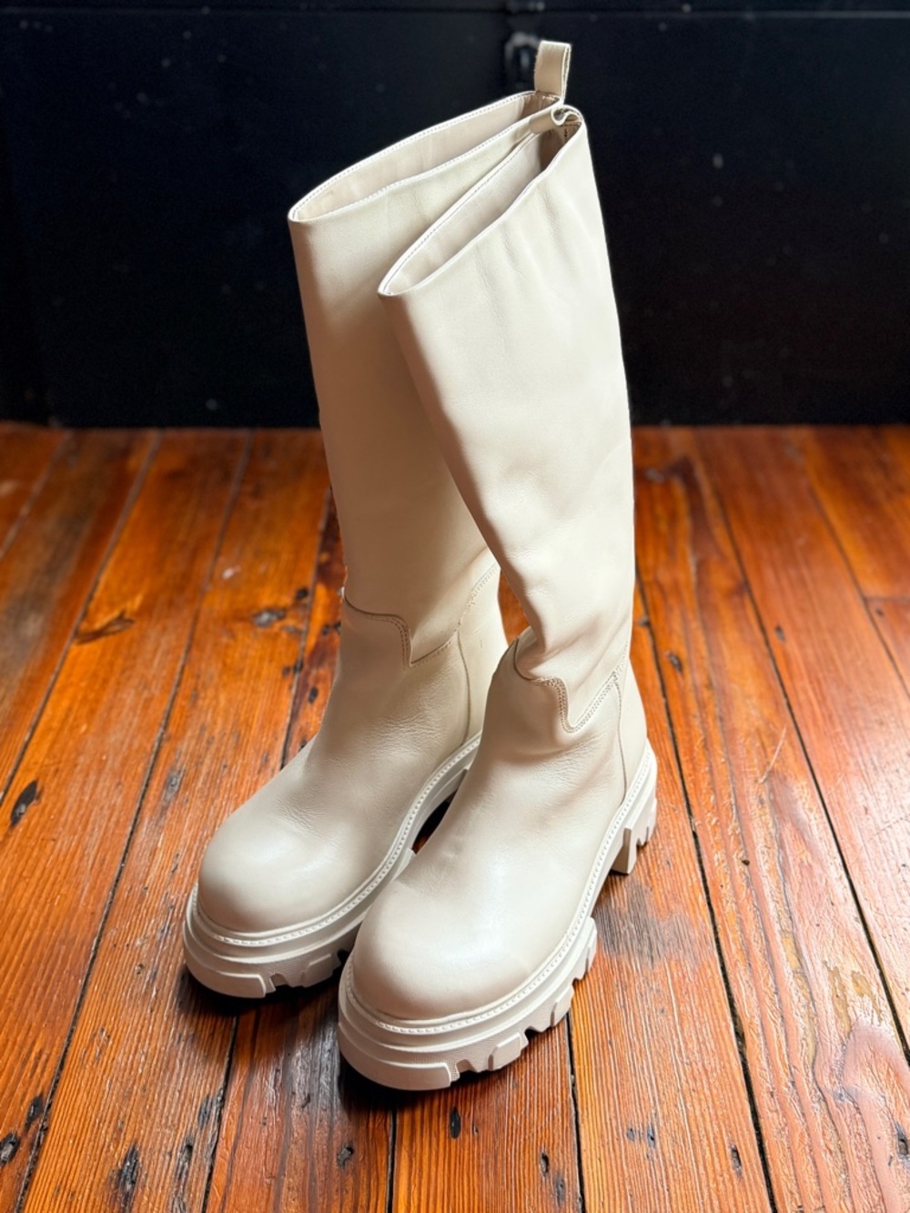 Steve Madden Priority Boot in Off White stovepipe clunky lug knee leather boots